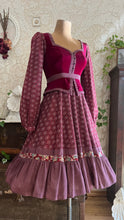 Load image into Gallery viewer, 1970's vintage Burgundy Velveteen and Calico Gunne Sax midi peplum dress