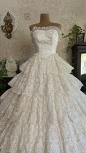 Load image into Gallery viewer, Incredible 1980’s Vintage White Satin and Tiered Lace Strapless Dream Dress