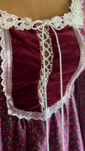 Load image into Gallery viewer, Darling 1970’s Vintage Dark Plum Calico and Velveteen Gunne Sax Midi Dress