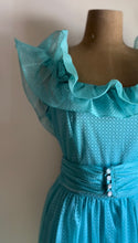 Load image into Gallery viewer, 1970’s Vintage Cold Shoulder Ice Blue Ruffle Dress and Belt