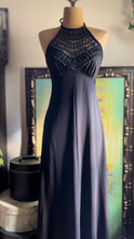 Load image into Gallery viewer, Slinky 1970’s Vintage Black Crochet Collar Halter Maxi Dress
