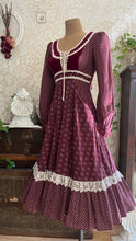 Load image into Gallery viewer, 1970’s Vintage Burgundy Velveteen and Calico Gunne Sax Midi Dress