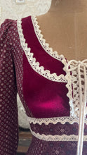 Load image into Gallery viewer, 1970’s Vintage Burgundy Velveteen and Calico Gunne Sax Midi Dress