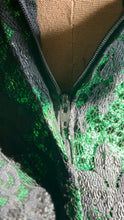 Load image into Gallery viewer, Stunner 1980’s Vintage Emerald Green Sequin and Black Soutache Lace Wiggle Dress by Loralie