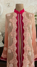Load image into Gallery viewer, Homemade jeweled ombre pink silk chiffon and fuscia velvet robe