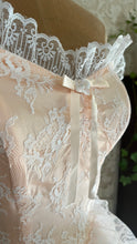 Load image into Gallery viewer, Perfect 1980’s Vintage Peachy Pink Satin and White Lace Dream Dress with Armlets