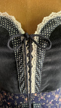 Load image into Gallery viewer, Restored 1970's vintage Navy Blue calico Gunne Sax midi peplum dress