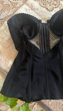 Load image into Gallery viewer, Stunning 1980’s Vintage Black Satin and Illusion Lace Zip up Bustier by Adonna 36C