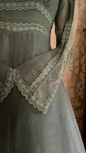 Load image into Gallery viewer, 1970’s vintage dyed moss sage green voile and lace maxi Gunne Sax dress