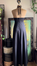 Load image into Gallery viewer, Slinky 1970’s Vintage Black Crochet Collar Halter Maxi Dress