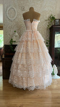 Load image into Gallery viewer, Perfect 1980’s Vintage Peachy Pink Satin and White Lace Dream Dress with Armlets