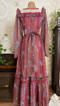 Load image into Gallery viewer, Lovely 1970’s Vintage Mauve and Blue Rose Print Angel Sleeve Dress