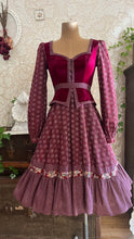 Load image into Gallery viewer, 1970's vintage Burgundy Velveteen and Calico Gunne Sax midi peplum dress