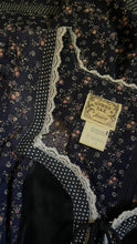 Load image into Gallery viewer, Restored 1970's vintage Navy Blue calico Gunne Sax midi peplum dress