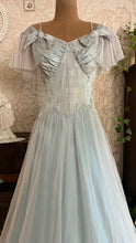 Load image into Gallery viewer, Stunning 1930’s Vintage Eggshell Blue Jacquard and Tulle Dress