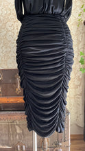 Load image into Gallery viewer, Designer 1980’s Vintage Draped and Ruched Black Wiggle Dress by Samir