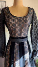 Load image into Gallery viewer, Fantastic 1970’s Vintage Black Velvet and Illusion Lace Maxi Dress
