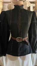 Load image into Gallery viewer, 1980's Vintage Coal Black Silk and Lace blouse by Royal Silk
