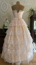 Load image into Gallery viewer, Perfect 1980’s Vintage Peachy Pink Satin and White Lace Dream Dress with Armlets