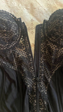 Load image into Gallery viewer, Stunning 1980’s Vintage Black Satin and Illusion Lace Zip up Bustier by Adonna 36C