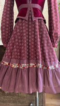 Load image into Gallery viewer, 1970's vintage Burgundy Velveteen and Calico Gunne Sax midi peplum dress