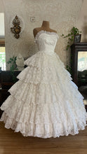 Load image into Gallery viewer, Incredible 1980’s Vintage White Satin and Tiered Lace Strapless Dream Dress