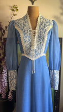 Load image into Gallery viewer, 1970’s Vintage Blue Voile and Ivory Lace Prairie dress