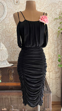 Load image into Gallery viewer, Designer 1980’s Vintage Draped and Ruched Black Wiggle Dress by Samir
