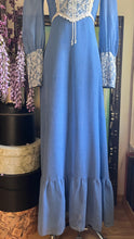 Load image into Gallery viewer, 1970’s Vintage Blue Voile and Ivory Lace Prairie dress