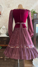 Load image into Gallery viewer, 1970's vintage Burgundy Velveteen and Calico Gunne Sax midi peplum dress