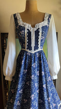 Load image into Gallery viewer, 1970’s Vintage Navy Blue Calico and Corduroy Gunne Sax Midi Dress