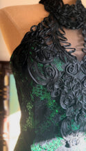 Load image into Gallery viewer, Stunner 1980’s Vintage Emerald Green Sequin and Black Soutache Lace Wiggle Dress by Loralie