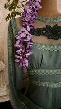 Load image into Gallery viewer, 1970’s vintage dyed moss sage green voile and lace maxi Gunne Sax dress