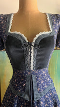 Load image into Gallery viewer, Restored 1970's vintage Navy Blue calico Gunne Sax midi peplum dress