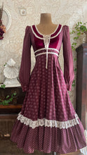 Load image into Gallery viewer, 1970’s Vintage Burgundy Velveteen and Calico Gunne Sax Midi Dress