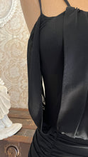 Load image into Gallery viewer, Designer 1980’s Vintage Draped and Ruched Black Wiggle Dress by Samir