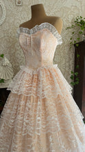 Load image into Gallery viewer, Perfect 1980’s Vintage Peachy Pink Satin and White Lace Dream Dress with Armlets
