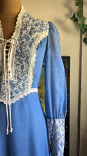 Load image into Gallery viewer, 1970’s Vintage Blue Voile and Ivory Lace Prairie dress