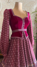 Load image into Gallery viewer, 1970's vintage Burgundy Velveteen and Calico Gunne Sax midi peplum dress