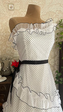 Load image into Gallery viewer, Outrageous 1970’s Vintage Black and White Swiss Dot Chiffon One Shoulder Illustrated Dress