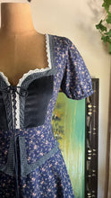 Load image into Gallery viewer, Restored 1970's vintage Navy Blue calico Gunne Sax midi peplum dress