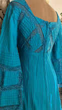 Load image into Gallery viewer, Beautiful 1970's vintage Bright Turquoise Blue Cotton and lace Mexican dress