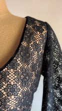 Load image into Gallery viewer, Fantastic 1970’s Vintage Black Velvet and Illusion Lace Maxi Dress