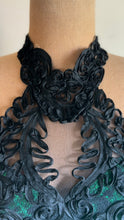 Load image into Gallery viewer, Stunner 1980’s Vintage Emerald Green Sequin and Black Soutache Lace Wiggle Dress by Loralie