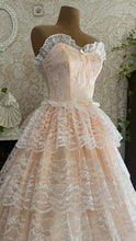Load image into Gallery viewer, Perfect 1980’s Vintage Peachy Pink Satin and White Lace Dream Dress with Armlets