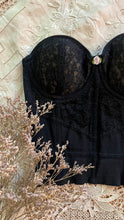 Load image into Gallery viewer, Teeny 1950’s Vintage Black Illusion Lace Bustier by Jantzen 32B