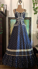Load image into Gallery viewer, Amazing 1970’s Vintage Navy and Gold Calico Gunne Sax Peplum Sundress