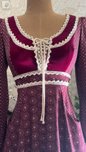 Load image into Gallery viewer, 1970’s Vintage Burgundy Velveteen and Calico Gunne Sax Midi Dress