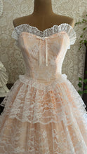 Load image into Gallery viewer, Perfect 1980’s Vintage Peachy Pink Satin and White Lace Dream Dress with Armlets