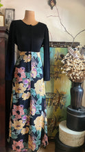 Load image into Gallery viewer, Cozy 1980’s Vintage Black Velveteen and Floral Print Chiffon Dress by Adini
